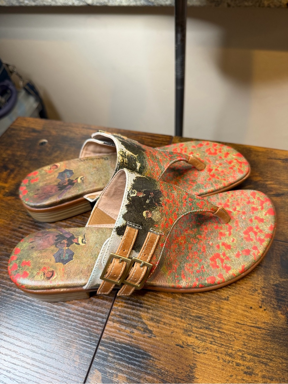 Icon Floral Renaissance Pattern Leather Buckle Thong Sandals Art to Wear Size 7